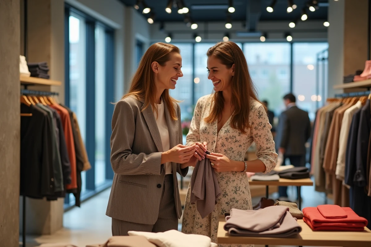 Deux femmes riant ensemble en choisissant des accessoires de mode dans un concept store tendance contemporain