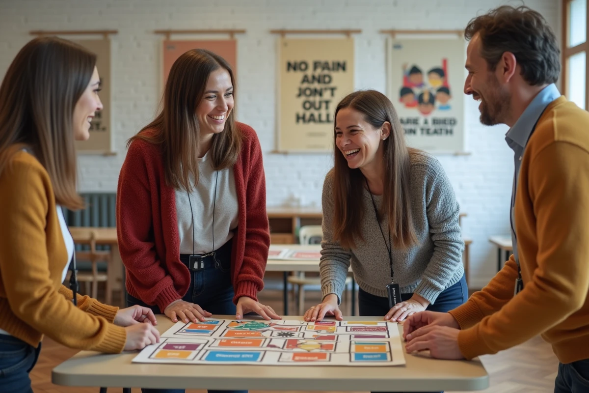 Salariés participant à un atelier de team-building animé avec un jeu de plateau lors d'une activité CSE