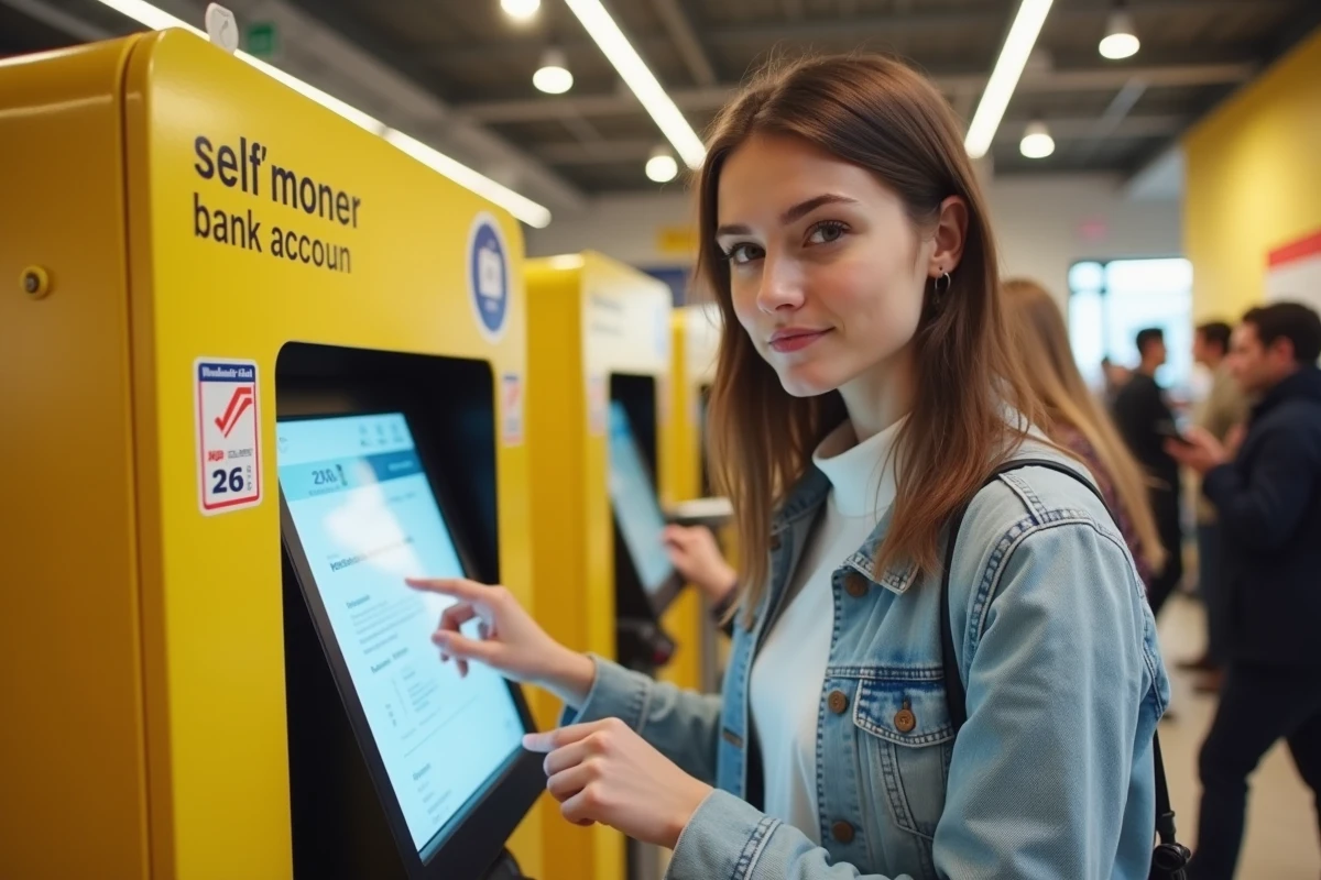 Jeune femme utilisant une borne interactive dans un bureau de poste pour ouvrir un compte à La Banque Postale