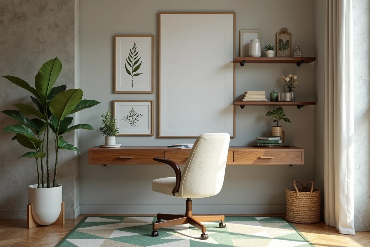 Bureau à domicile au style mid-century modern avec chaise bouclé crème, mur galerie de planches botaniques et tapis géométrique sauge