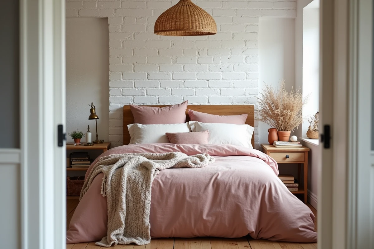 Chambre bohème contemporaine avec literie en lin lavé rose poudré, plaid en maille chunky et table de nuit en bois vintage avec arrangement floral séché