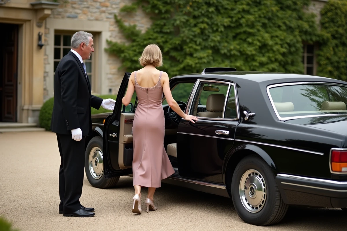Chauffeur en uniforme ouvrant la portière d'une limousine noire pour la mère de la mariée devant un château en pierre lors d'un mariage