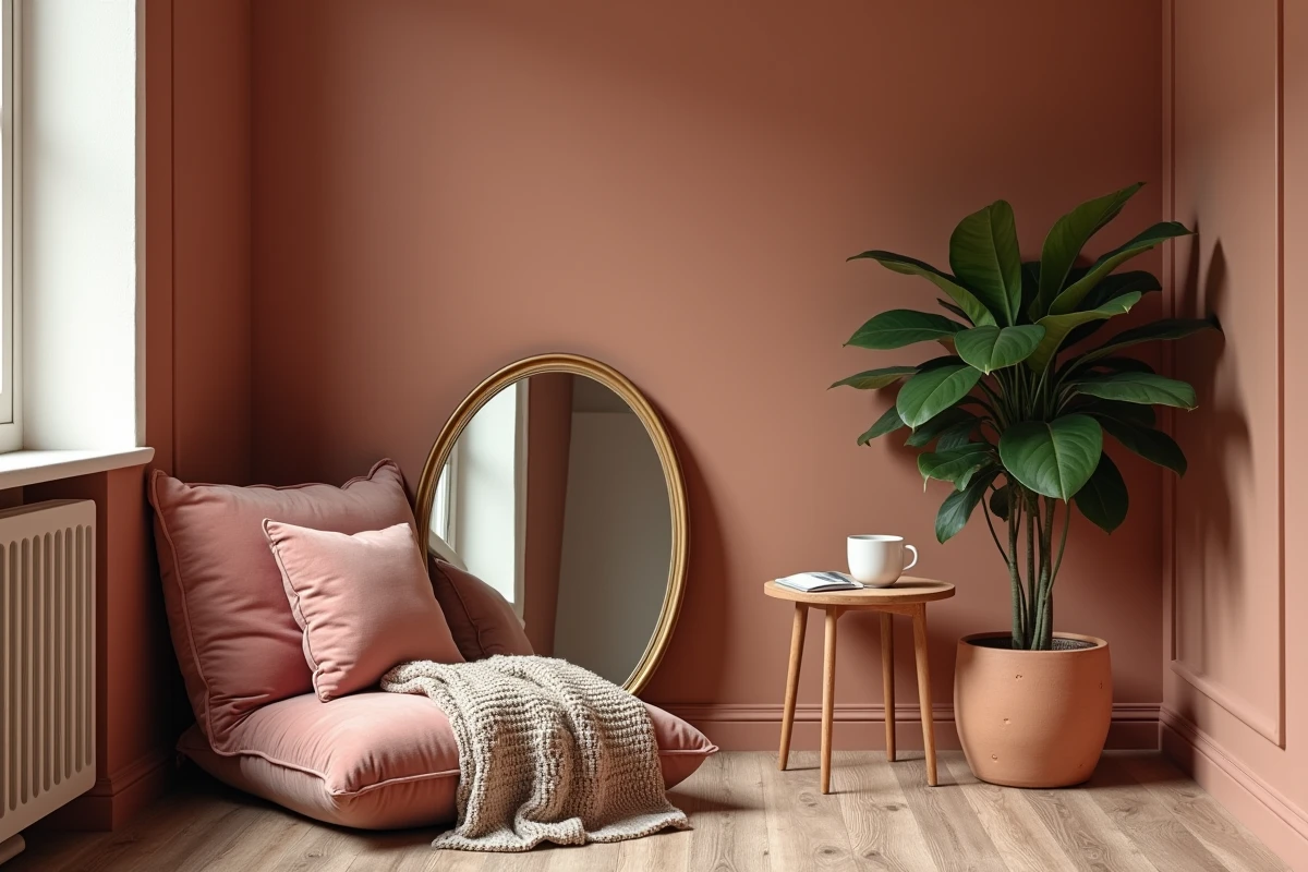 Coin lecture cosy avec mur en plâtre texturé terracotta, miroir arqué en laiton et plante verte dans un intérieur décoré avec tendance