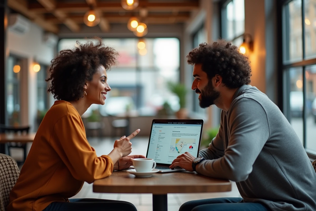 Deux entrepreneurs collaborant sur des outils numériques pour lancer une entreprise en ligne dans un café urbain