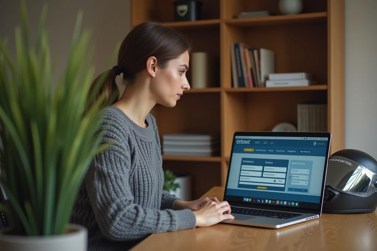 Femme motarde comparant des offres d'assurance moto en ligne sur un ordinateur portable depuis un bureau à domicile moderne, avec un casque posé à côté