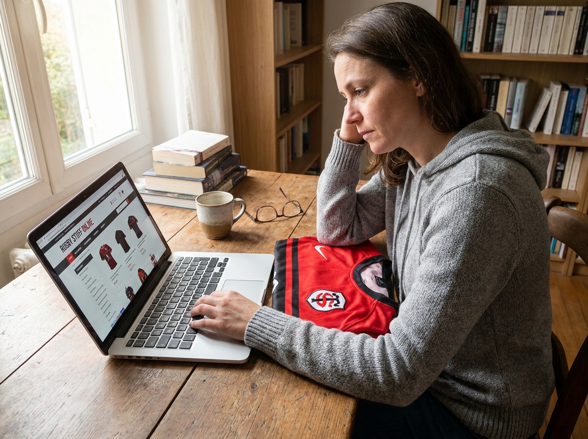 Femme comparant des maillots du Stade Toulousain en ligne depuis son bureau à domicile avec un maillot officiel posé à côté