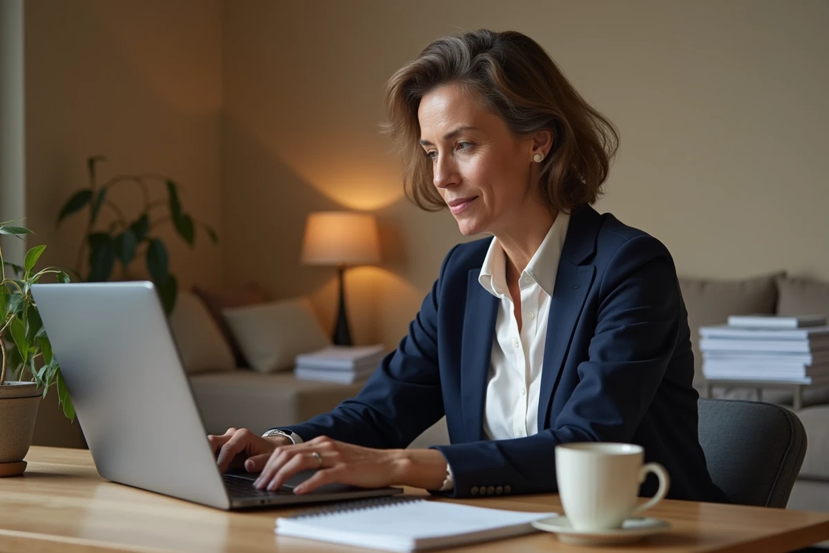 Femme se connectant à son compte KIS SNCF sur un ordinateur portable depuis son bureau à domicile