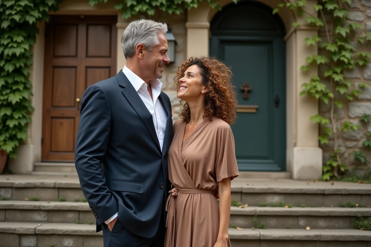 Couple élégant en leur cinquantaine devant une architecture en pierre historique, évoquant une histoire d'amour durable et raffinée