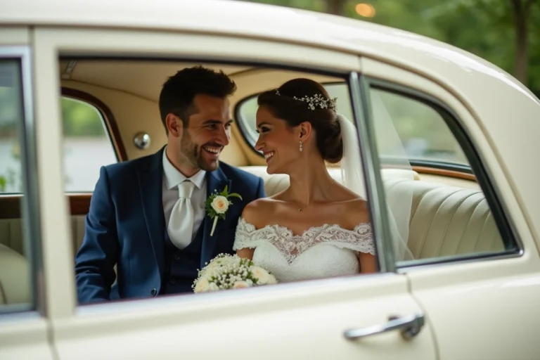 Couple de mariés assis dans une voiture décorée, la mariée en robe de dentelle et le marié en costume marine se regardant avec tendresse