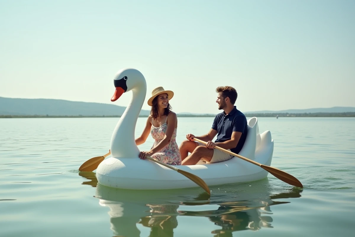 Couple en pédalo cygne sur l'étang de l'Or près de Montpellier par une journée estivale