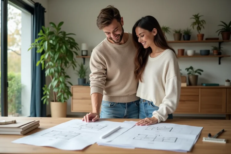 Jeune couple souriant dans un salon moderne avec plans