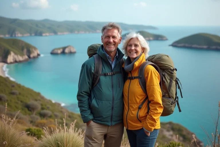 Couple souriant en voyage sur une falaise avec vue sur la côte bleue