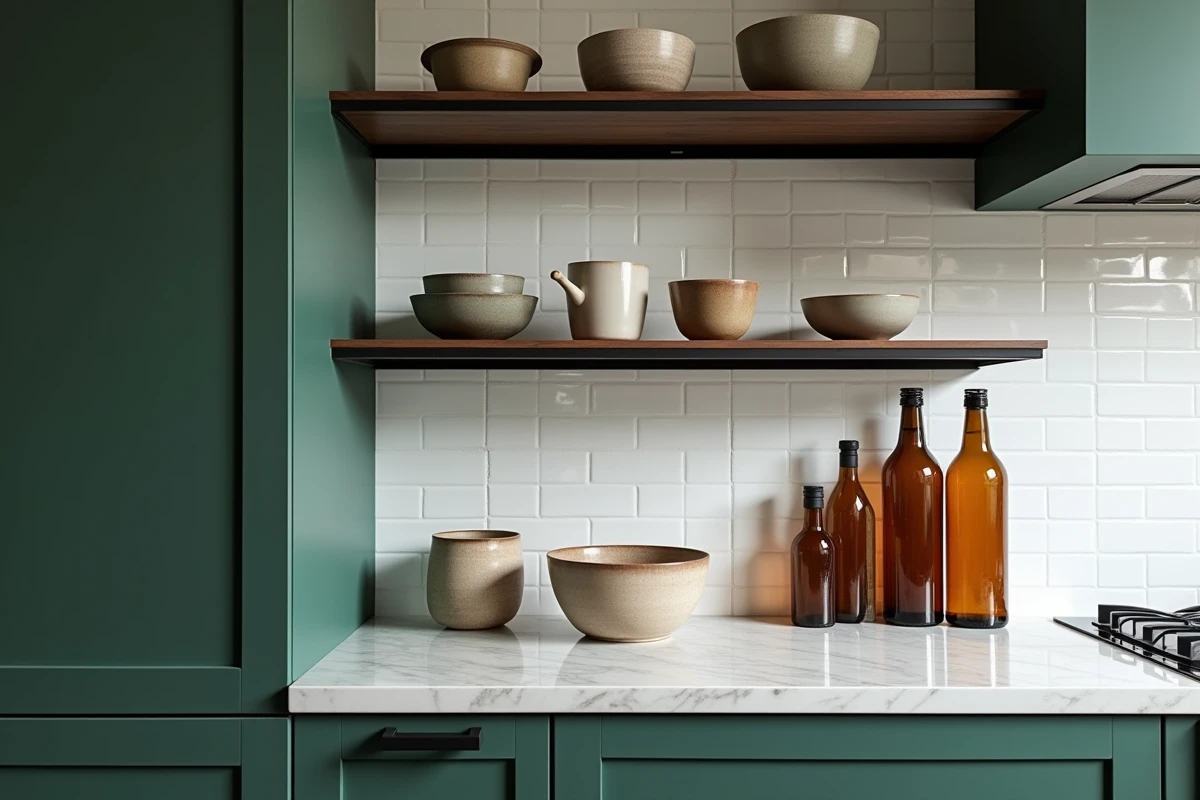 Étagères ouvertes en acier noir dans une cuisine contemporaine avec céramiques artisanales, mugs en grès et bouteilles en verre ambré sur fond de cabinetry vert forêt