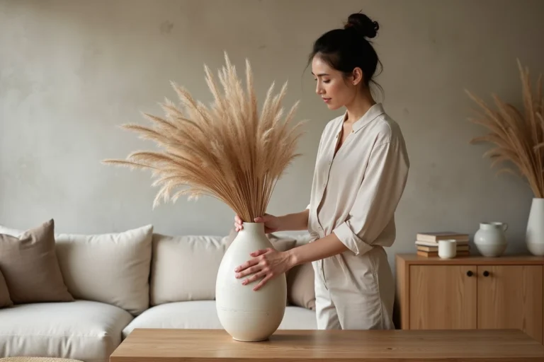 Femme décorant un salon minimaliste avec un vase en céramique et herbes de la pampa dans un intérieur tendance aux tons neutres