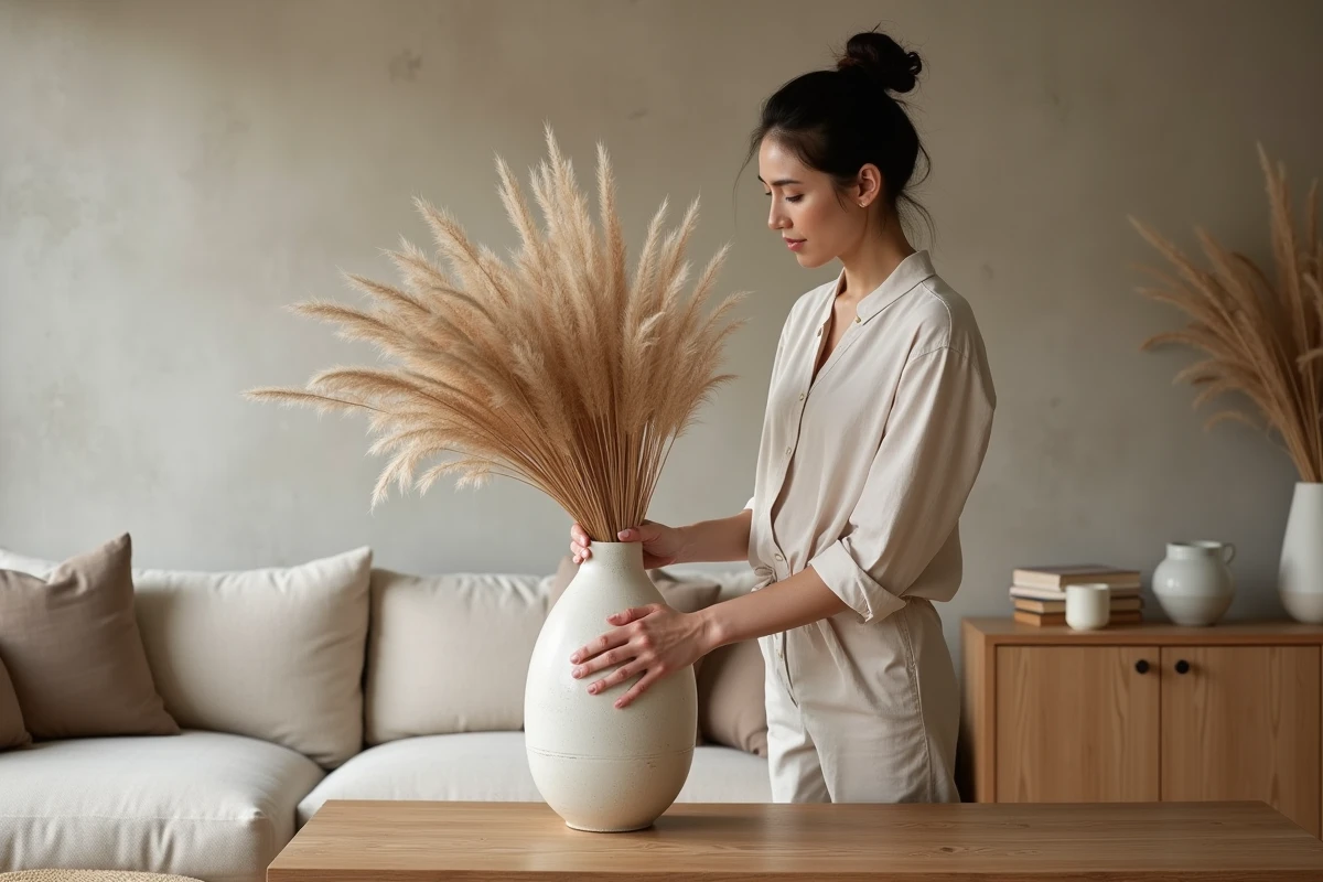 Femme décorant un salon minimaliste avec un vase en céramique et herbes de la pampa dans un intérieur tendance aux tons neutres