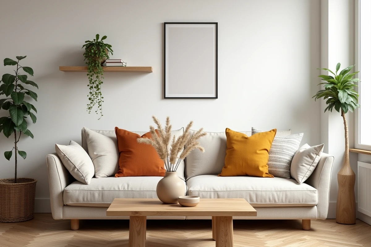 Coin salon scandinave avec canapé en lin, coussins terracotta et vase en céramique avec herbe de la pampa sur parquet chêne