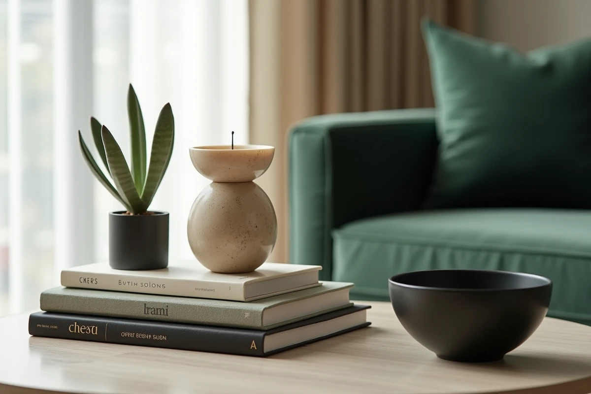 Détail de table basse stylisée avec livres d'art, bougeoir en travertin et plante succulente pour une décoration intérieure tendance