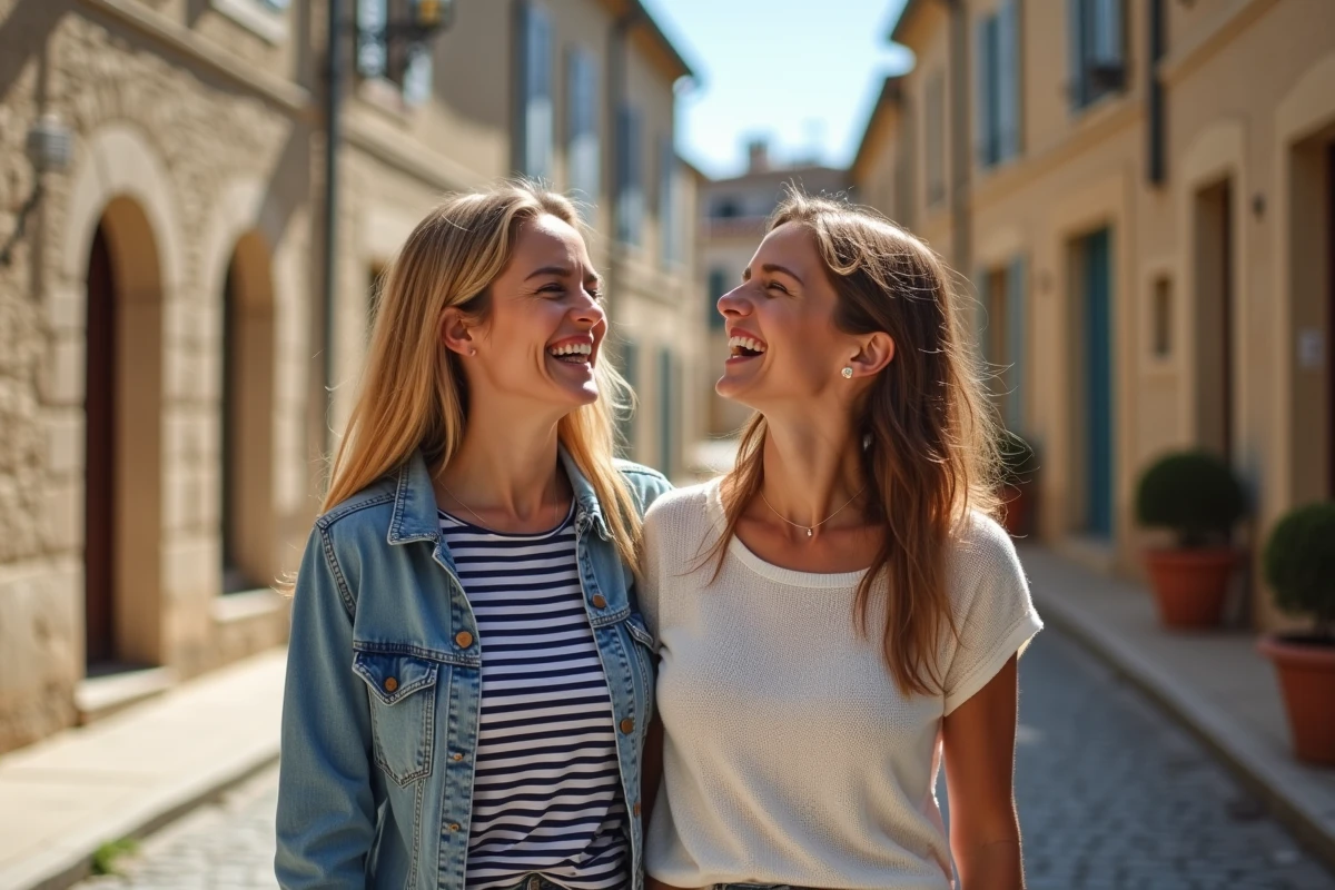Deux amies françaises riant dans une rue pavée de village, évoquant l'usage populaire et chaleureux de l'expression 'ma belle'