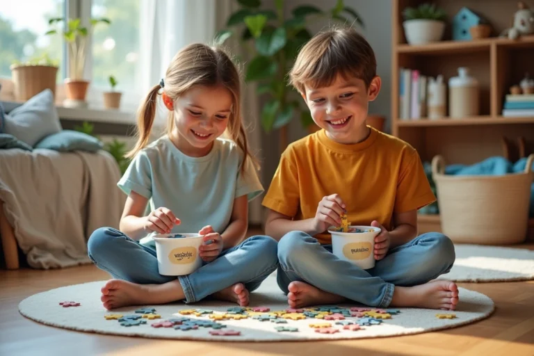 Garçon et fille souriants trient des pièces de puzzle dans une salle de jeux chaleureuse