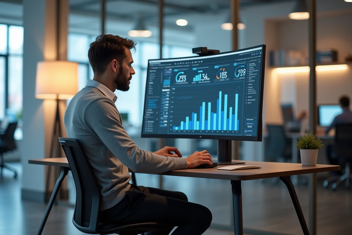 Entrepreneur concentré analysant des indicateurs de performance et des solutions innovantes sur un écran d'ordinateur pour stimuler la croissance de son entreprise