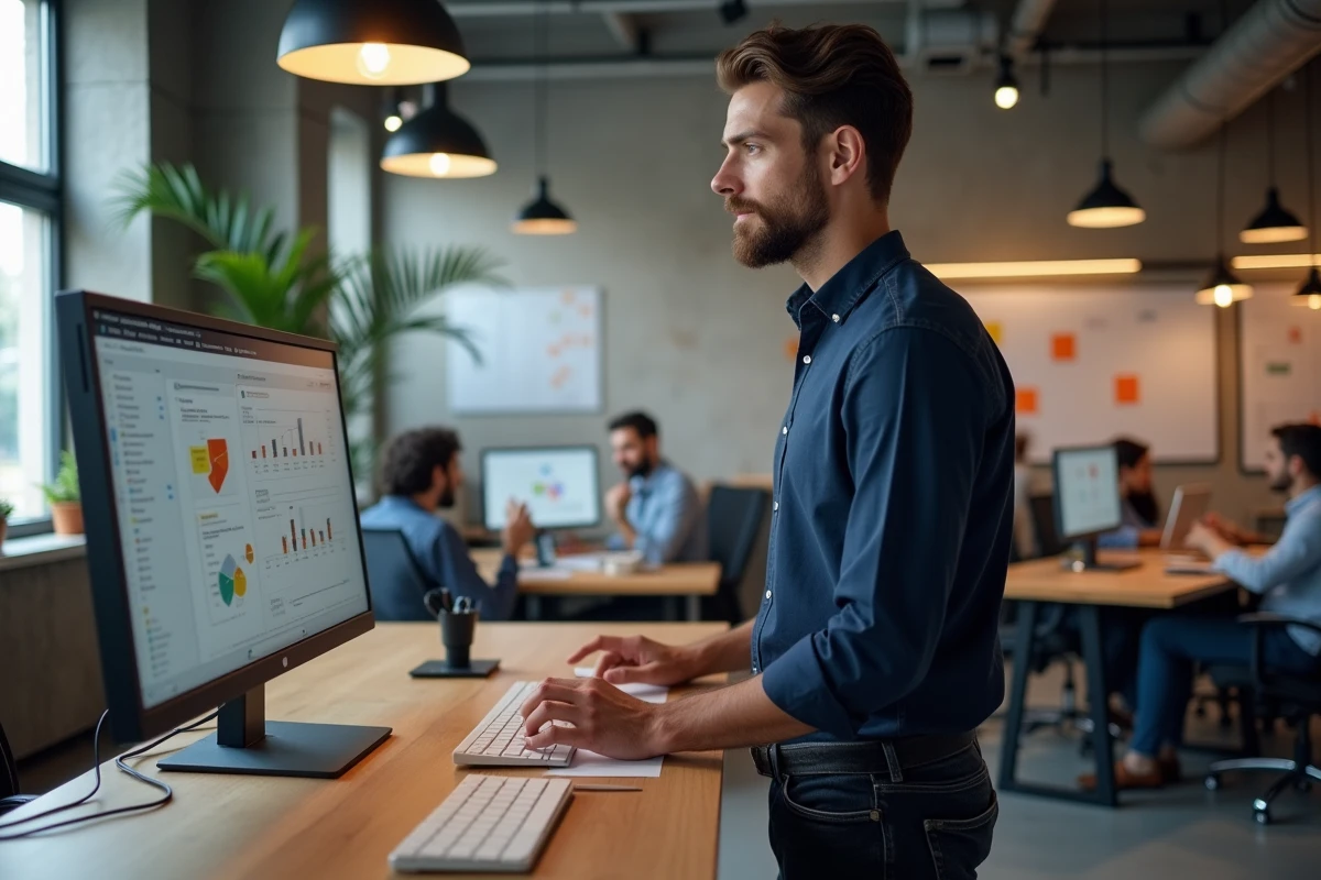 Jeune entrepreneur masculin analysant sa stratégie d'entreprise en ligne dans un espace de coworking avec tableau de bord et notes
