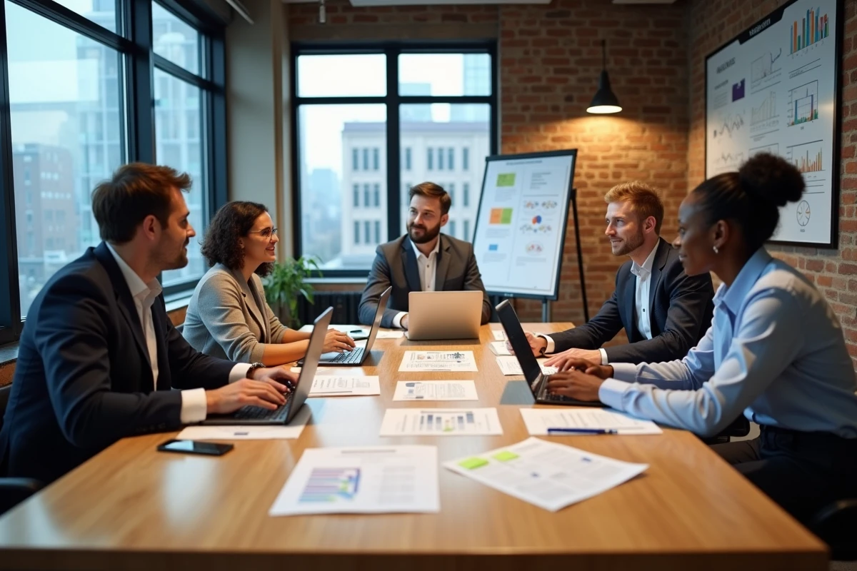 Équipe professionnelle diversifiée collaborant autour d'une table de réunion pour élaborer des stratégies innovantes de croissance pour leur entreprise