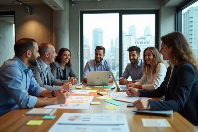Équipe CSE en réunion de brainstorming autour d'une table avec des post-its colorés dans un bureau moderne