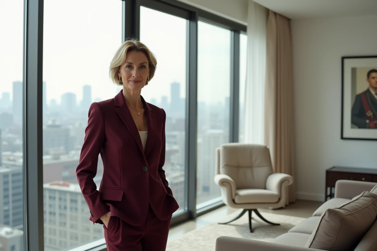 Femme élégante et accomplie dans un appartement de luxe moderne avec vue sur la ville, illustration du style de vie d'Eve chanteuse et épouse de Maximillion Cooper