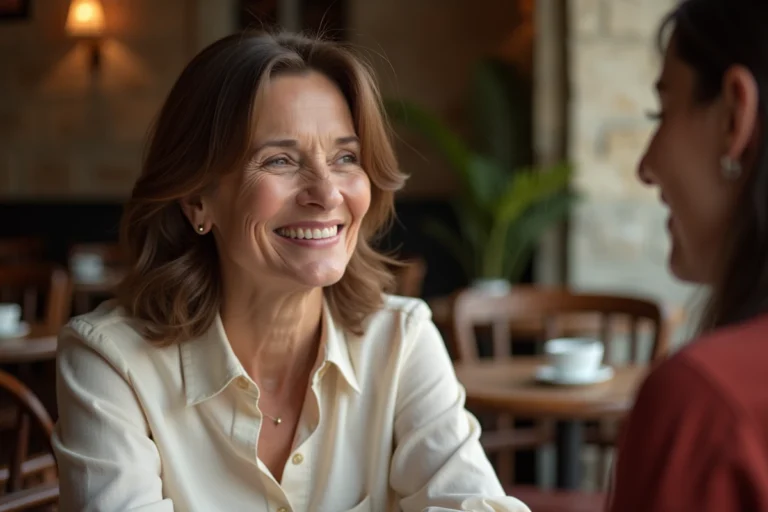 Femme française souriante dans un café parisien, illustrant l'expression affectueuse 'ma belle' utilisée entre amies