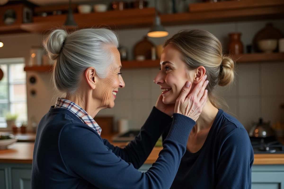 Scène intergénérationnelle entre deux femmes dans une cuisine française traditionnelle, symbolisant la tendresse de l'expression 'ma belle'