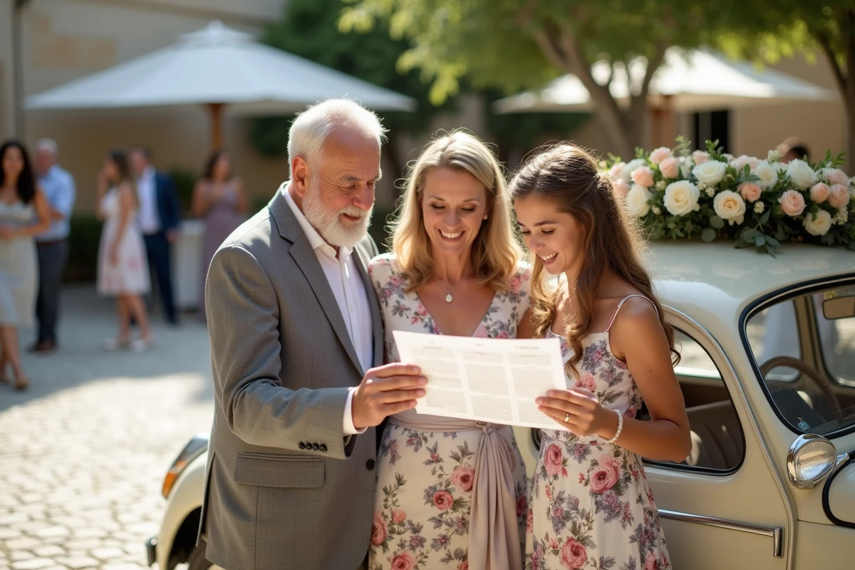 Membres de la famille consultant un plan de cortège de mariage près d'une voiture décorée dans un village français ensoleillé