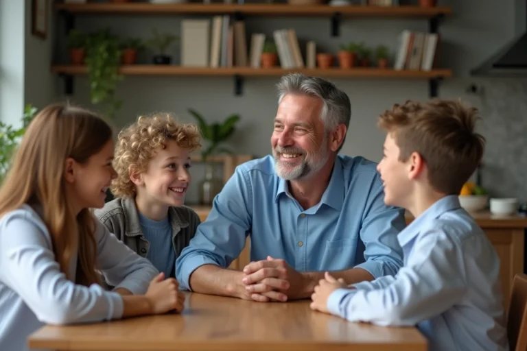 Famille souriante autour d'un repas dans une cuisine chaleureuse