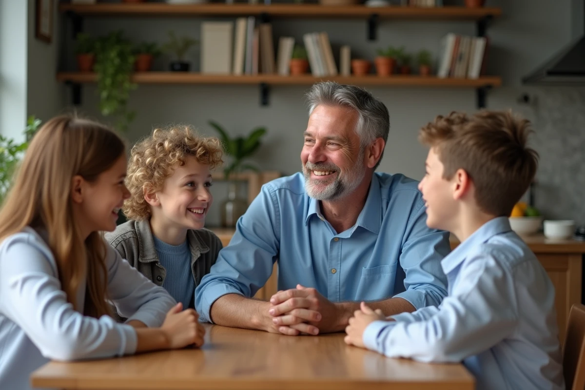 Famille souriante autour d'un repas dans une cuisine chaleureuse
