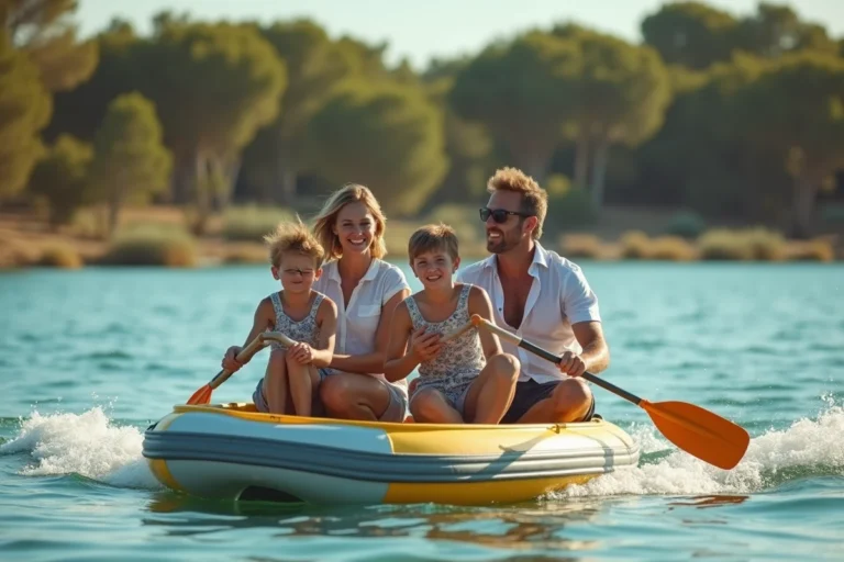 Famille faisant du pédalo sur un lac calme entouré de végétation méditerranéenne près de Montpellier