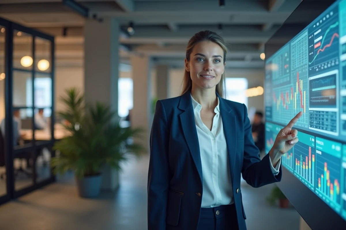 Femme cadre dirigeante présentant des solutions innovantes pour la croissance d'entreprise sur un écran interactif dans un bureau moderne