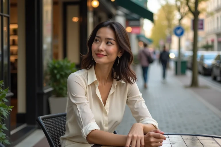 Femme élégante assise au café dans une ville moderne