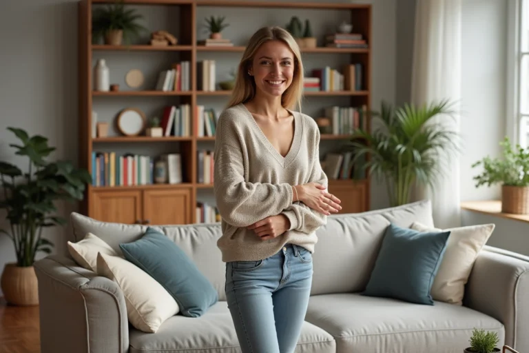Femme souriante arrangeant des coussins dans un salon moderne