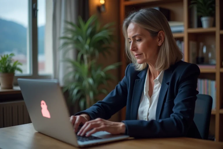 Femme dépannant un problème de connexion webmail sur son ordinateur portable dans un bureau à domicile à Grenoble