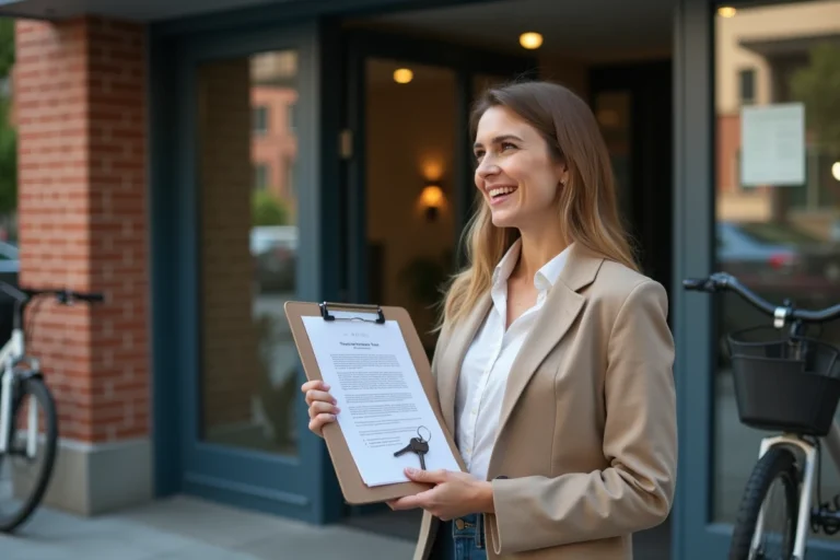 Femme avec documents de location devant un immeuble moderne