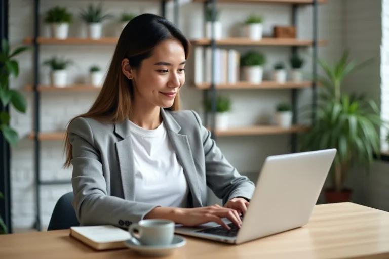 Femme entrepreneur travaillant sur son business en ligne depuis un bureau à domicile moderne avec ordinateur portable et analytics