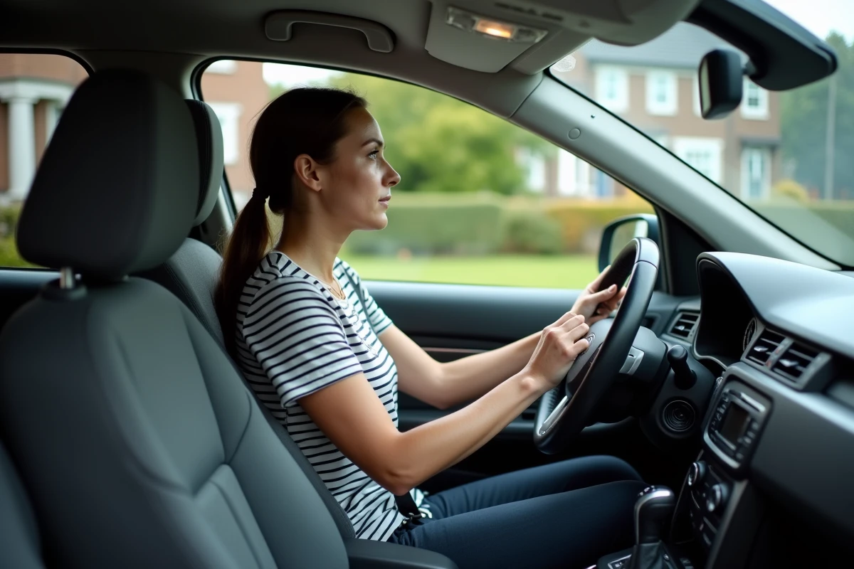 Femme évaluant l'habitacle d'un break familial d'occasion depuis le siège conducteur