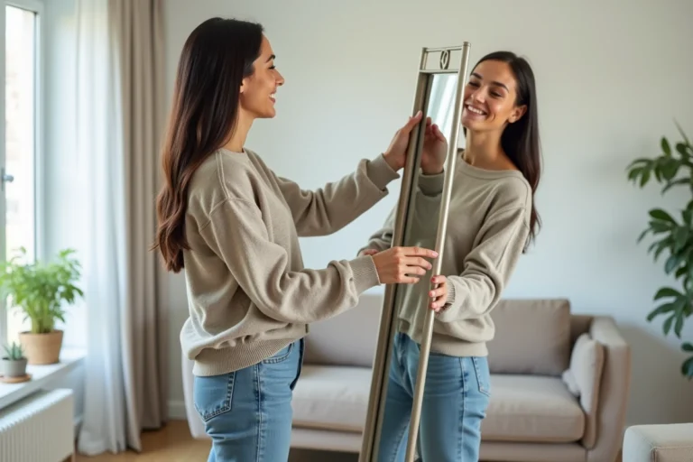 Jeune femme ajustant un miroir moderne dans un salon lumineux