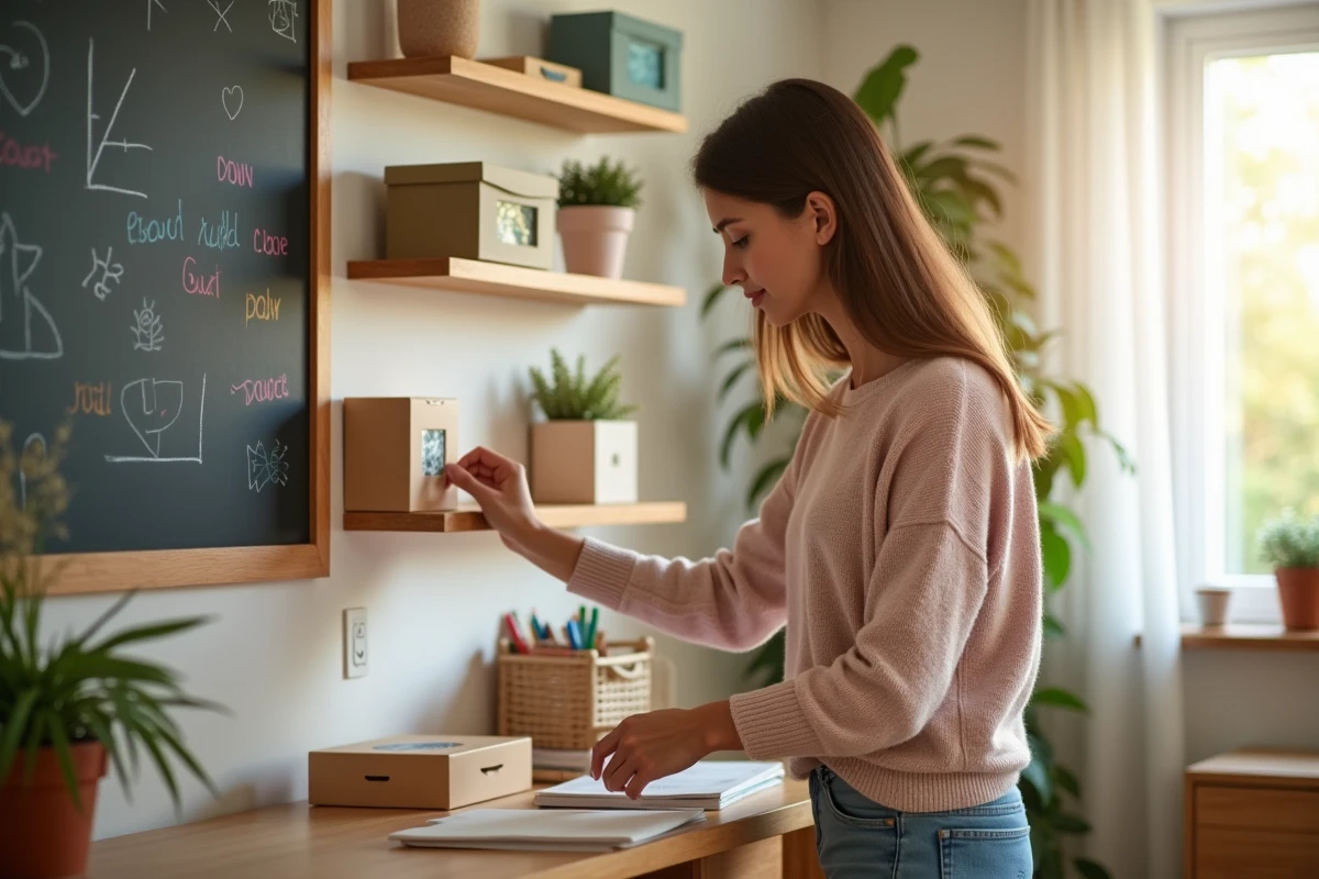 Femme place délicatement des boîtes de puzzles sur des étagères dans un salon lumineux