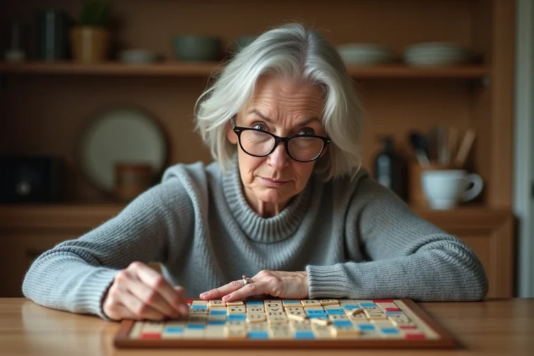 Femme jouant au Scrabble et découvrant la validité d'un mot sur le plateau de jeu