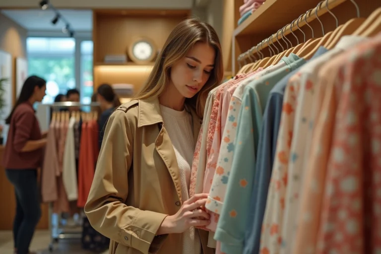Jeune femme parcourant des vêtements tendance dans une boutique de mode moderne pour un shopping réussi en toute saison
