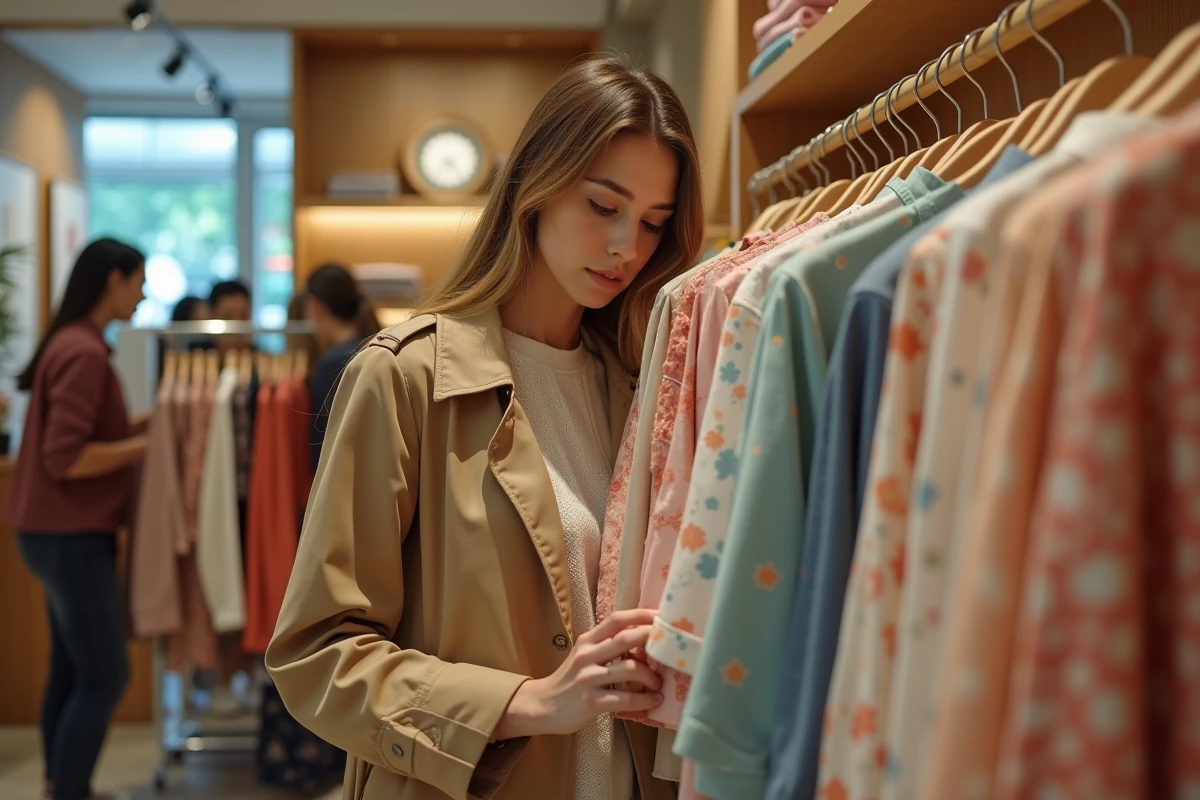 Jeune femme parcourant des vêtements tendance dans une boutique de mode moderne pour un shopping réussi en toute saison