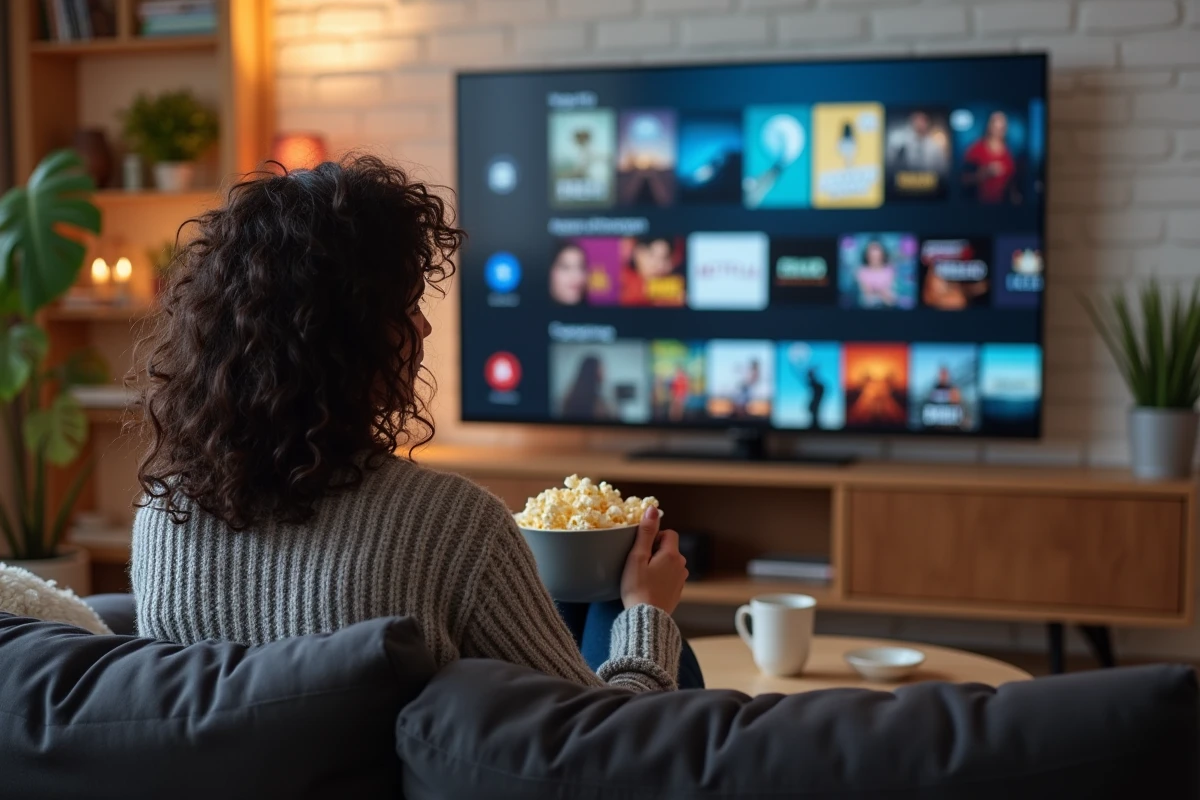 Femme regardant un film en streaming depuis son canapé avec un écran de télévision affichant une plateforme vidéo