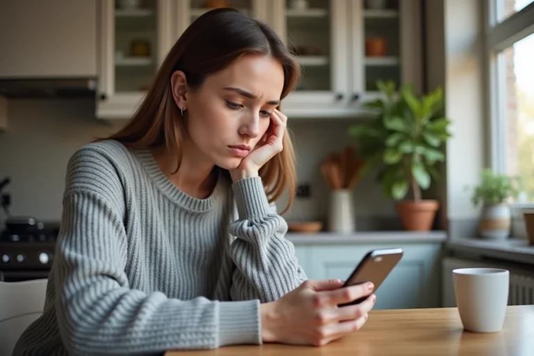 Femme consultant le suivi de colis GLS sur son smartphone à la maison