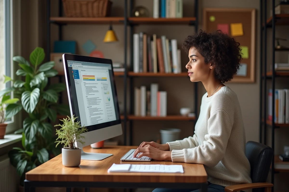 Jeune femme travaillant seule sur un ordinateur dans un bureau à domicile