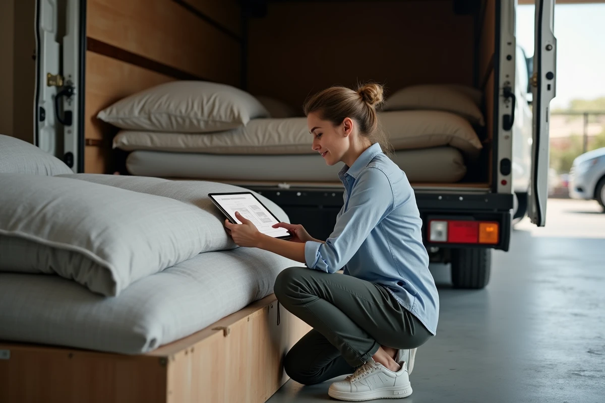 Femme vérifiant les dimensions du lit avec tablette